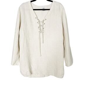 Beach Beyond Flax Lace Up Cover Up Dress Small S Cream Long Sleeve Oversized